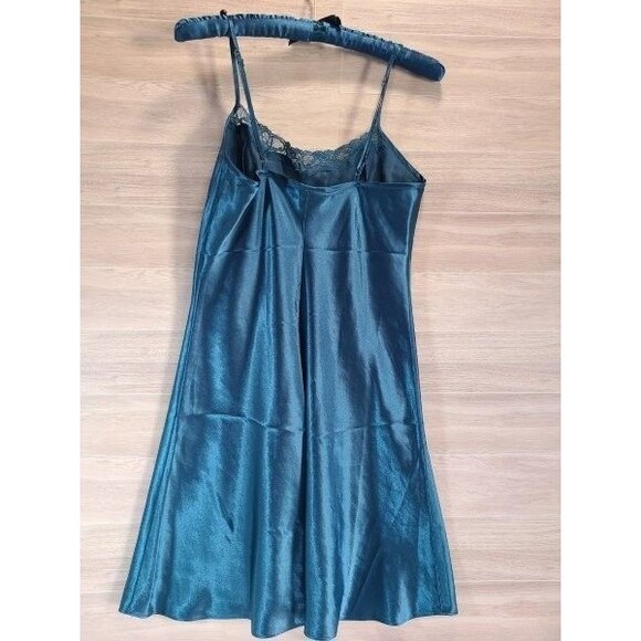 Intimate Moods Teal Satin Nightgown Size S Lace Trim Slip Dress with Hanger - Picture 2 of 6